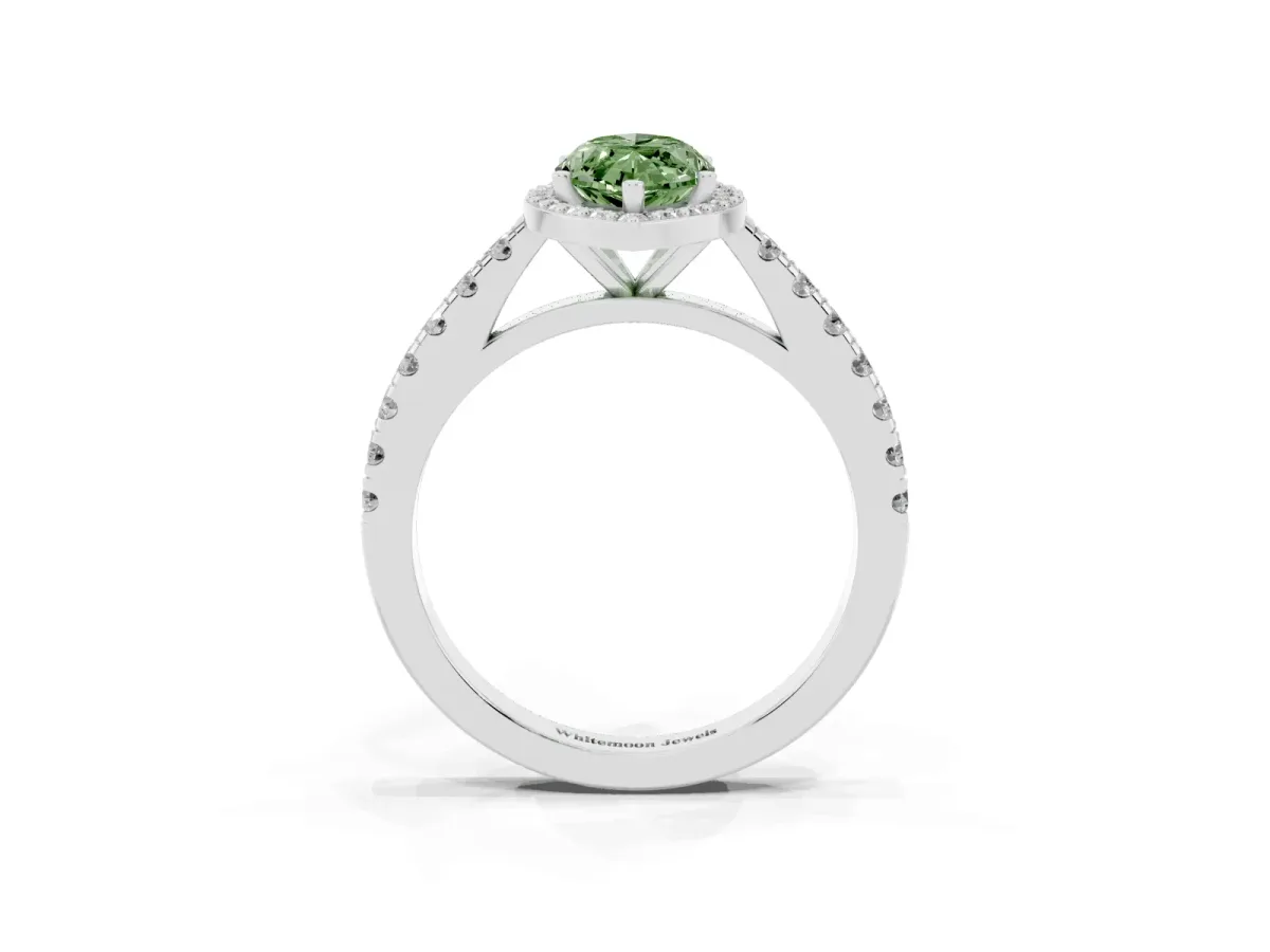 Fancy Green Marquise Cut Cut Halo Diamond Engagement Ring with Pave Band and Four-Prong Setting White gold