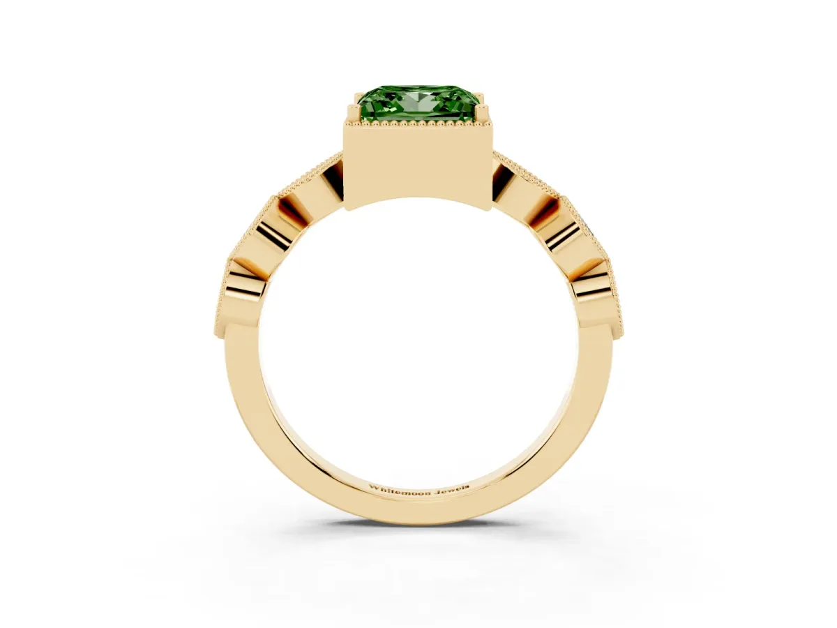Fancy Green Princess Cut Diamond Vintage Milgrain Ring with Round Stations Yellow gold