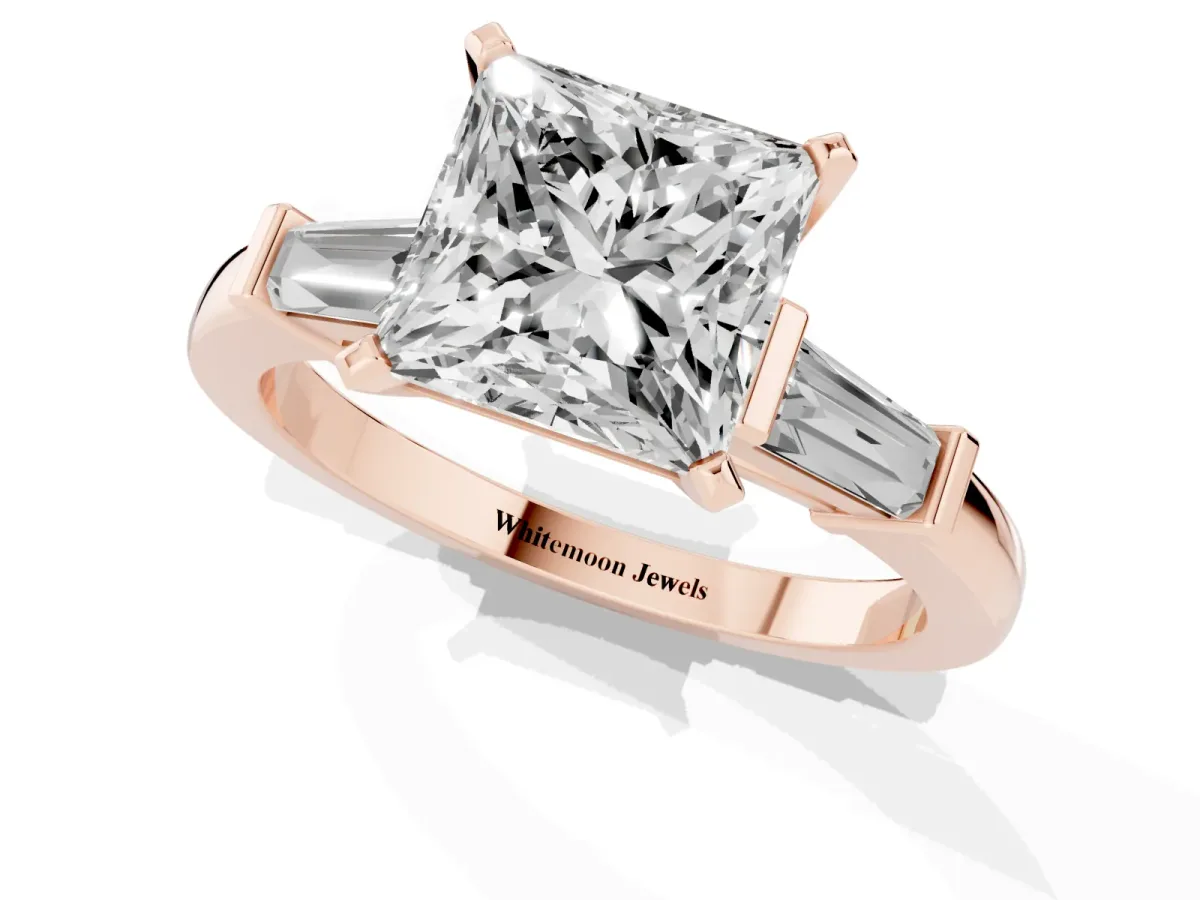 Princess Cut Cut Diamond Solitaire Ring with Tapered Baguette Accents and Four-Prong Setting Rose gold
