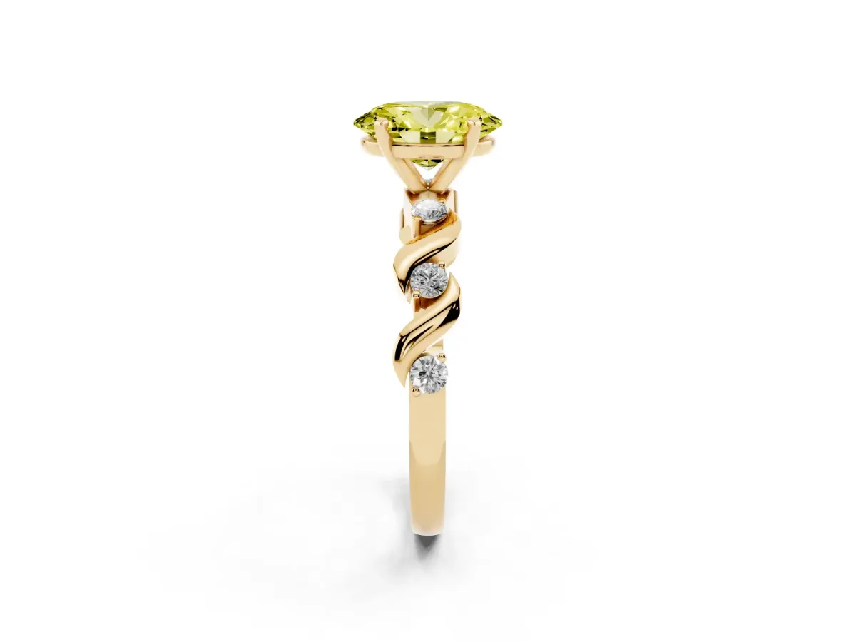 Fancy Yellow Oval Cut Diamond Solitaire Twisted Band with Round Accents and Prong Setting Yellow gold