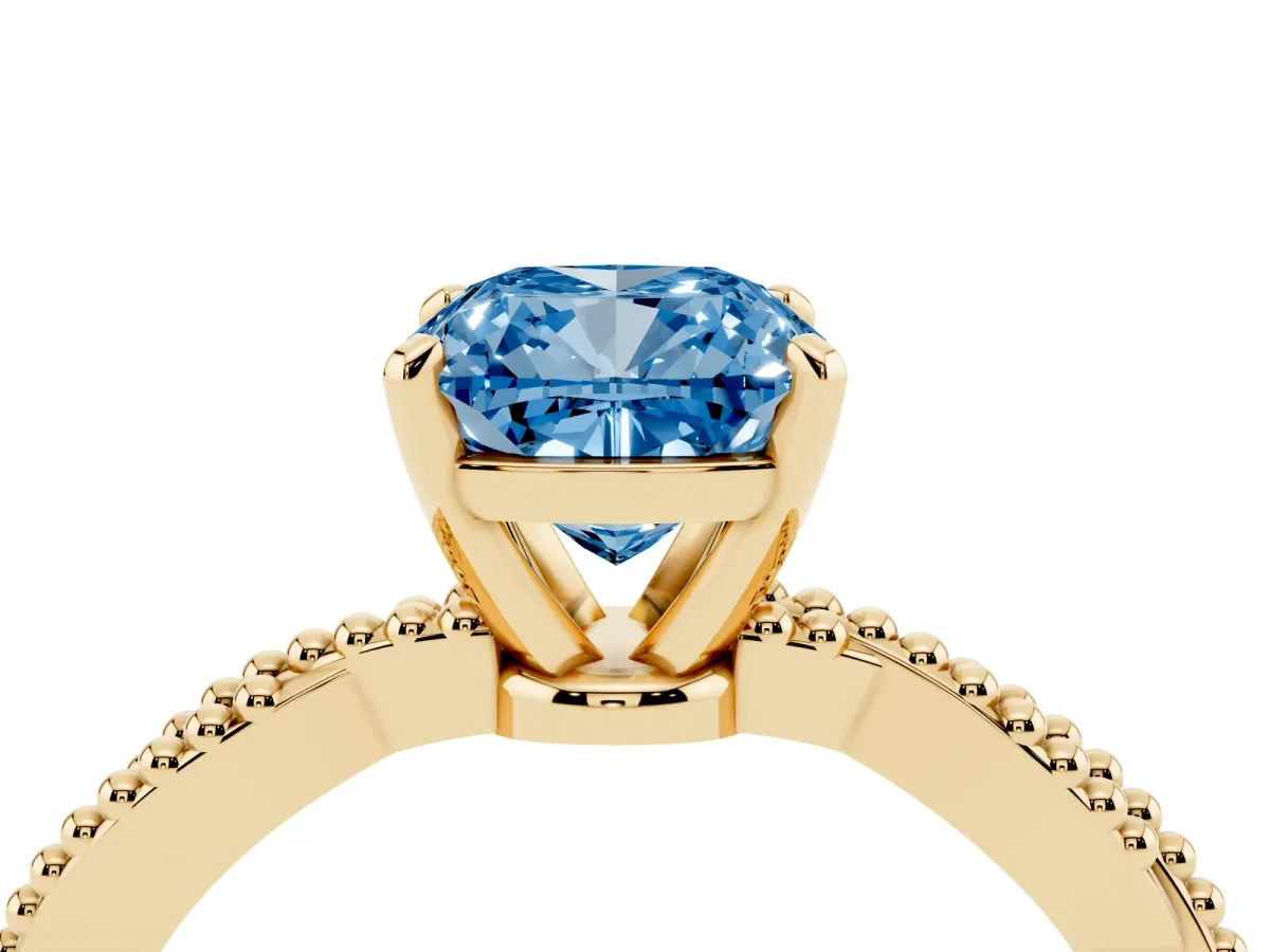 Fancy Blue Cushion Cut Solitaire Twisted Band with Bead Prong Setting Yellow gold