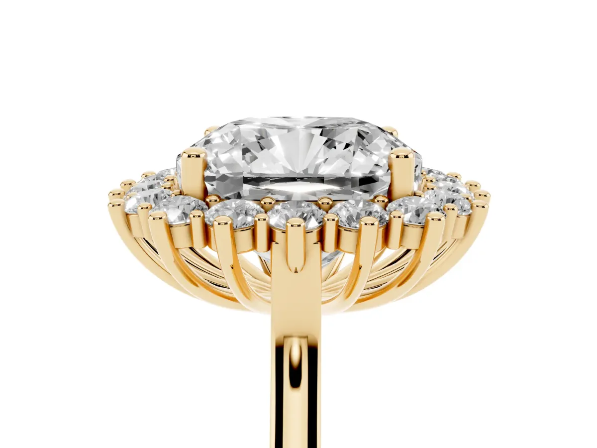Cushion Diamond Halo Engagement Ring with Round Diamond Accents Yellow gold