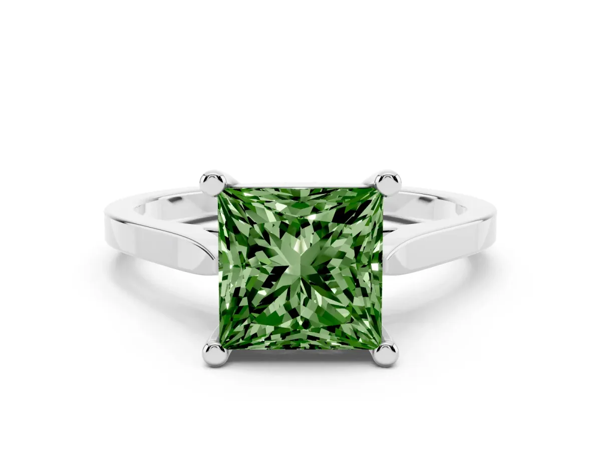 Fancy Green Princess Cut Solitaire Diamond Ring with Four-Prong Setting and Tapered Band White gold