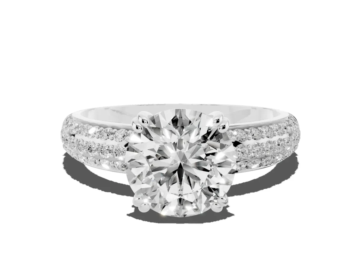 Round Cut Diamond Solitaire Ring with Multi-Row Round Pavé Band and Prong Setting Silver