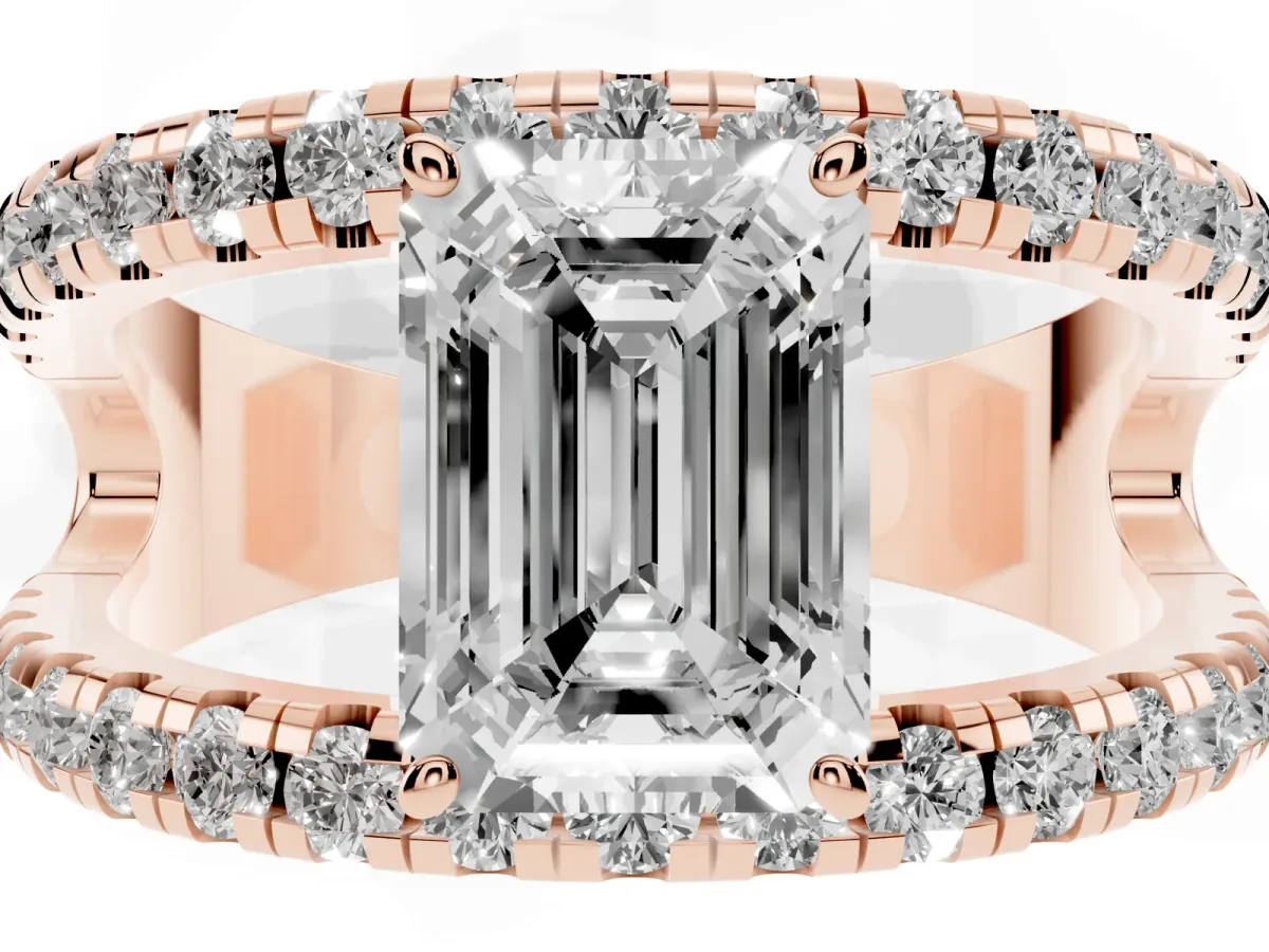 Emerald Cut Solitaire Split Shank Pave Diamond Ring Rose gold