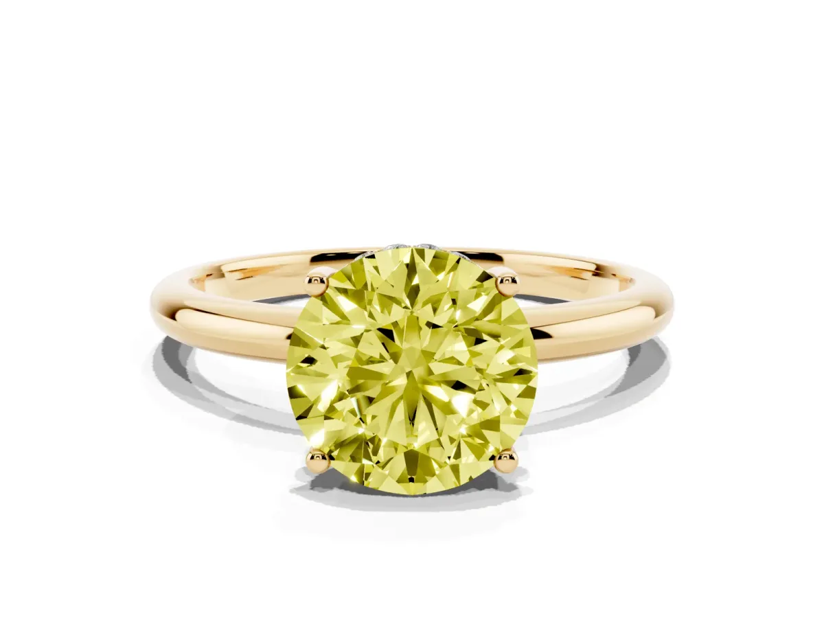Fancy Yellow Round Cut Cut Solitaire Engagement Ring with Four-Prong Setting and Classic Band Yellow gold