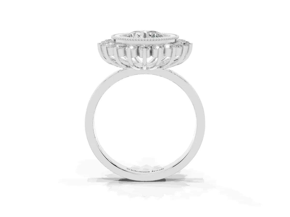 Round Cut Halo Diamond Ring with Milgrain Edge and Round Prong Setting Silver