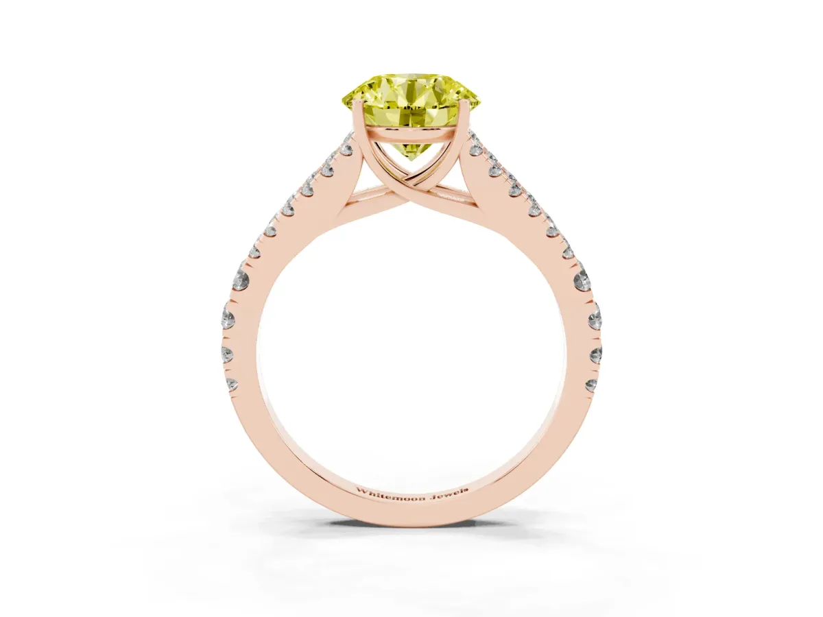 Fancy Yellow Round Cut Diamond Split Shank Engagement Ring with Round Pavé and Prong Setting Rose gold