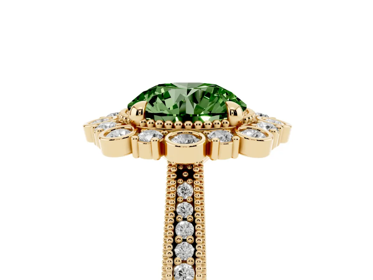 Fancy Green Round Cut Halo Milgrain Pave Diamond Ring with Four-Prong Setting Yellow gold