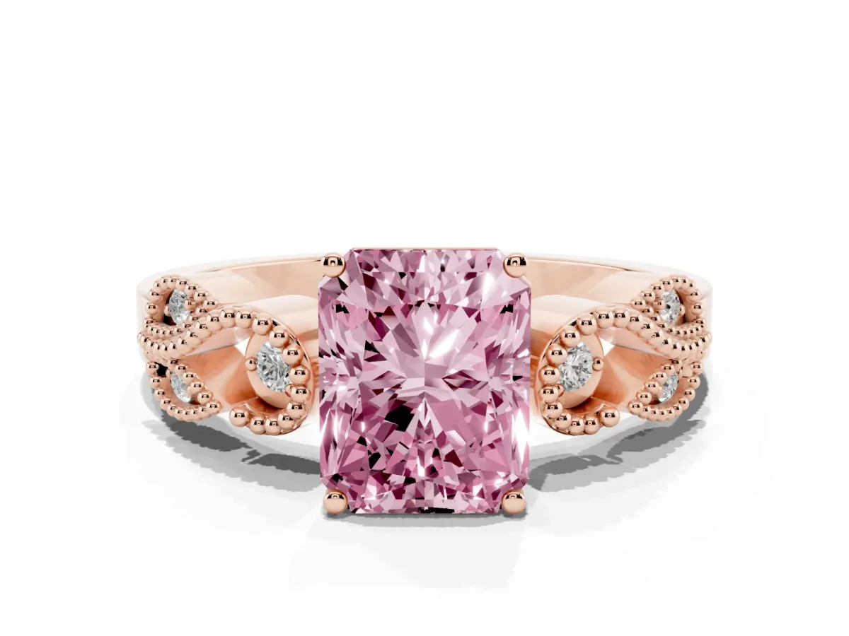 Fancy Pink Radiant Cut Solitaire Milgrain Leaf Band with Prong Setting Rose gold