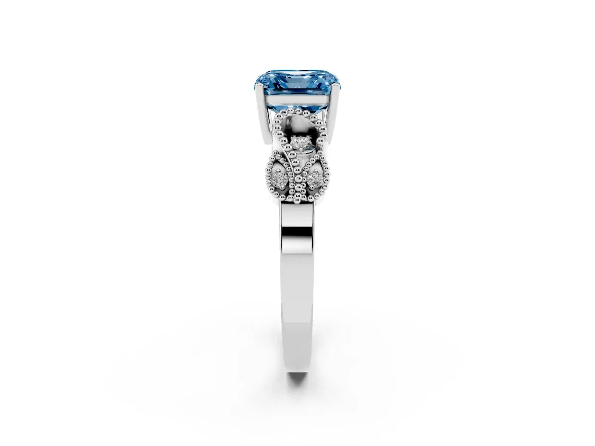 Fancy Blue Asscher Cut Solitaire Milgrain Leaf Band with Prong Setting Silver