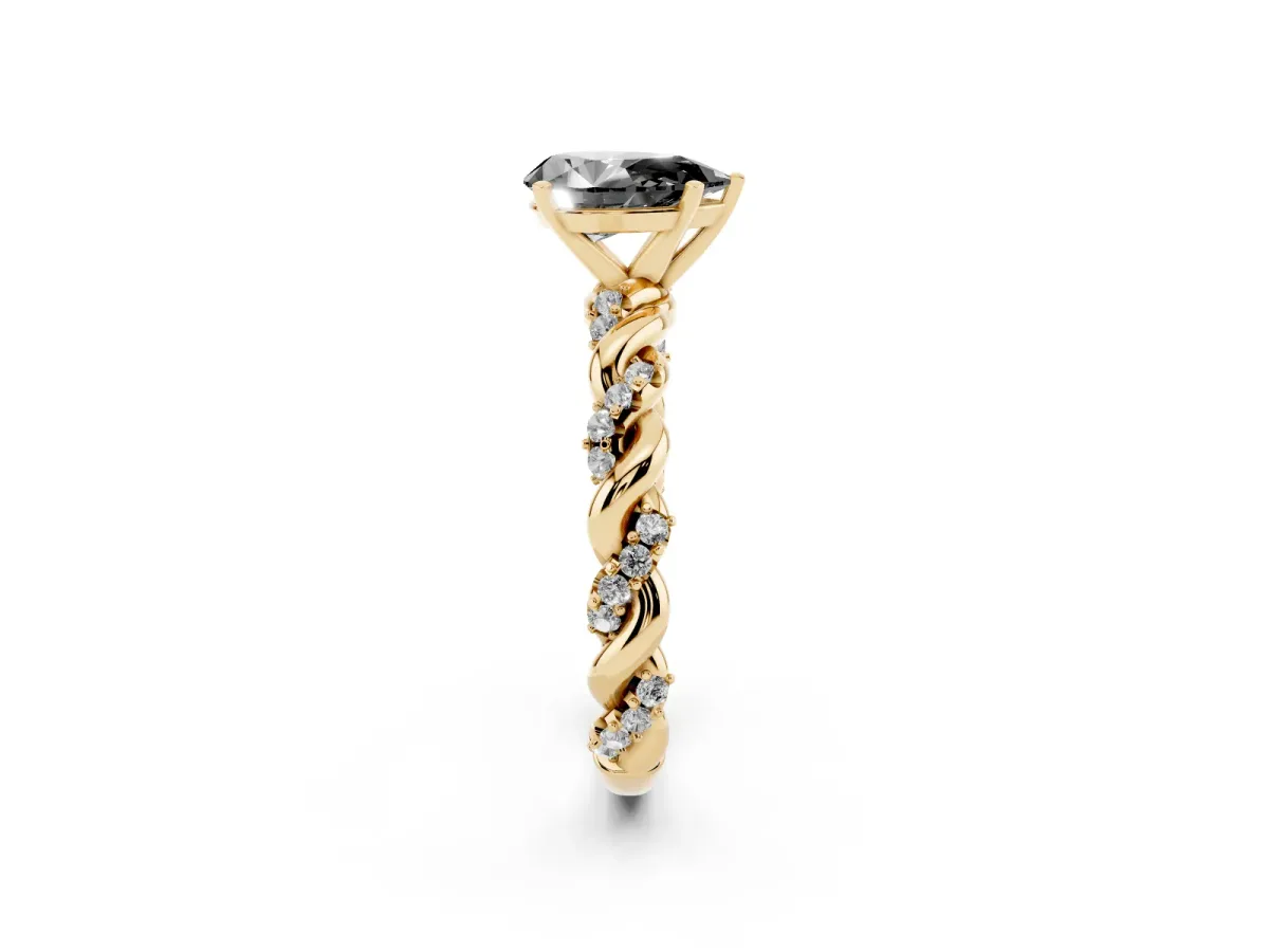 Fancy Black Pear Cut Diamond Solitaire Ring with Twisted Band and Pavé Accents Yellow gold