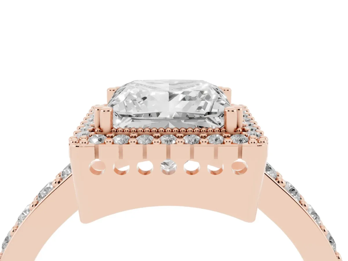 Princess Cut Cut Diamond Halo Engagement Ring with Milgrain Detail and Pavé Band Rose gold
