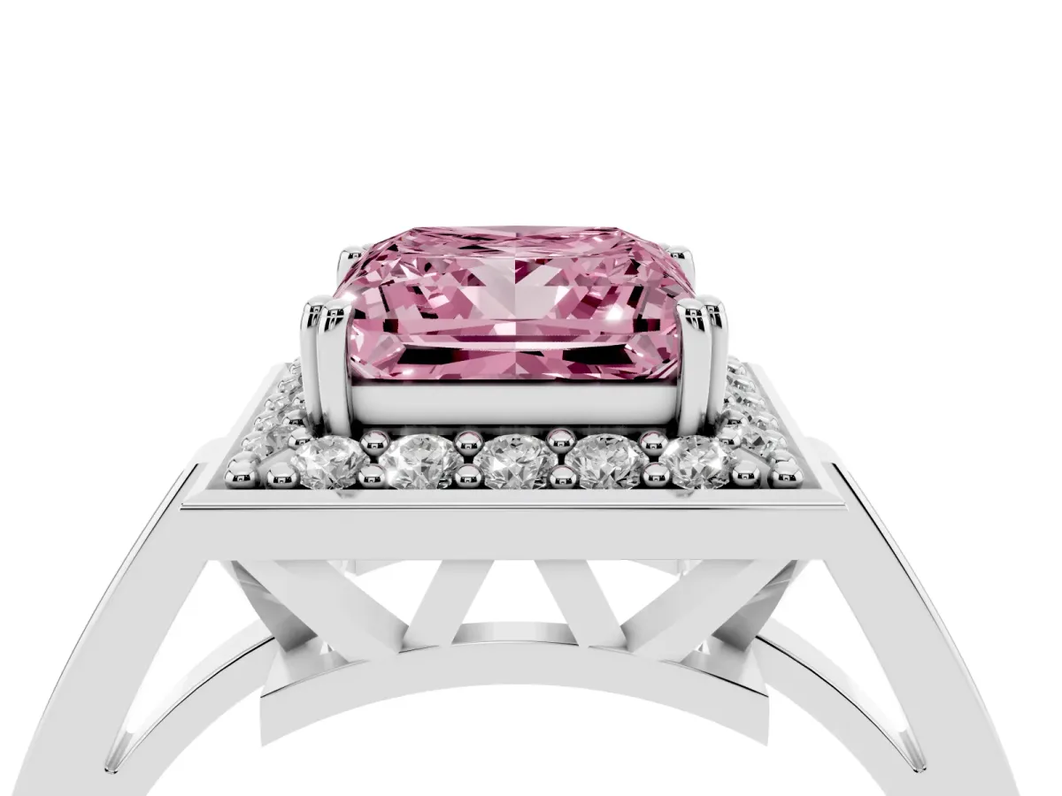 Fancy Pink Princess Cut Diamond Halo Ring with Split Shank and Four-Prong Setting Silver
