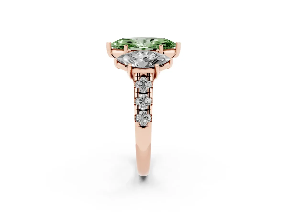 Fancy Green Three-Stone Marquise Cut Diamond Pavé Band with Prong Setting Rose gold