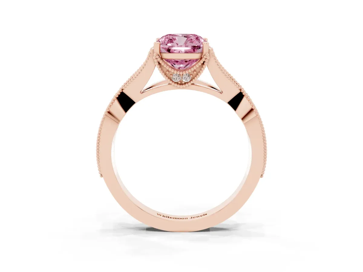 Fancy Pink Cushion Cut Cut Diamond Twisted Band with Milgrain Pave Setting and Four-Prong Setting Rose gold