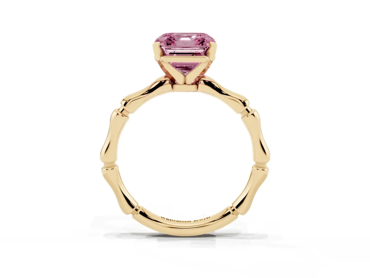 Fancy Pink Asscher Cut Solitaire Diamond Ring with Bamboo Band and Four-Prong Setting Yellow gold