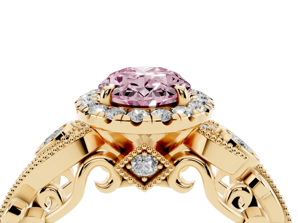 Fancy Pink Oval Cut Halo Diamond Ring with Milgrain and Bezel Accents on a Split Shank Band Yellow gold