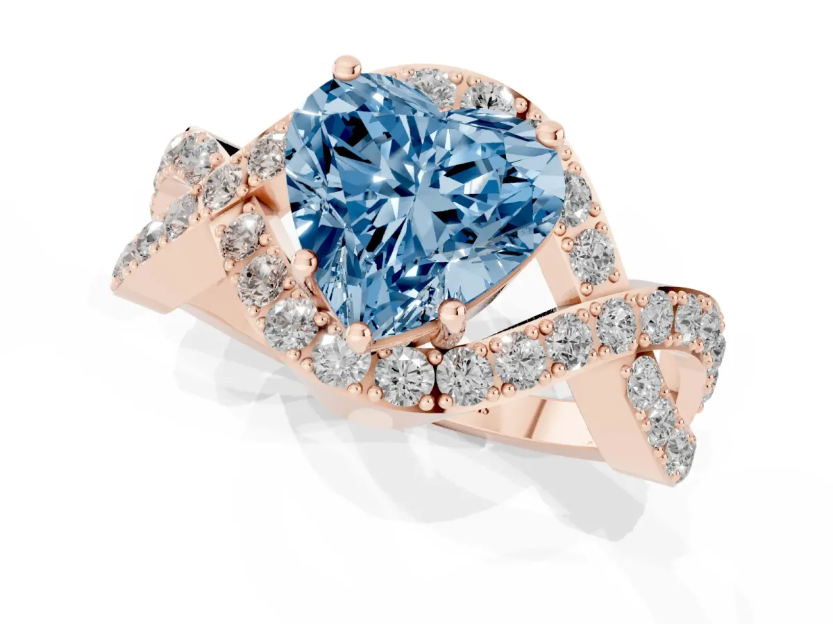 Fancy Blue Heart Cut Solitaire Twist Band Pavé Diamond Engagement Ring Rose gold
