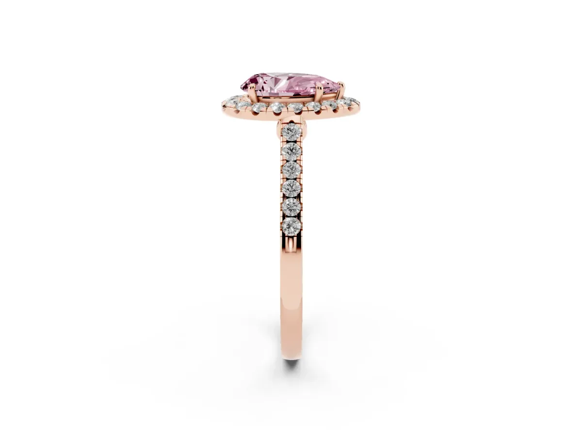 Fancy Pink Pear Cut Halo Pave Diamond Engagement Ring with Four-Prong Setting Rose gold