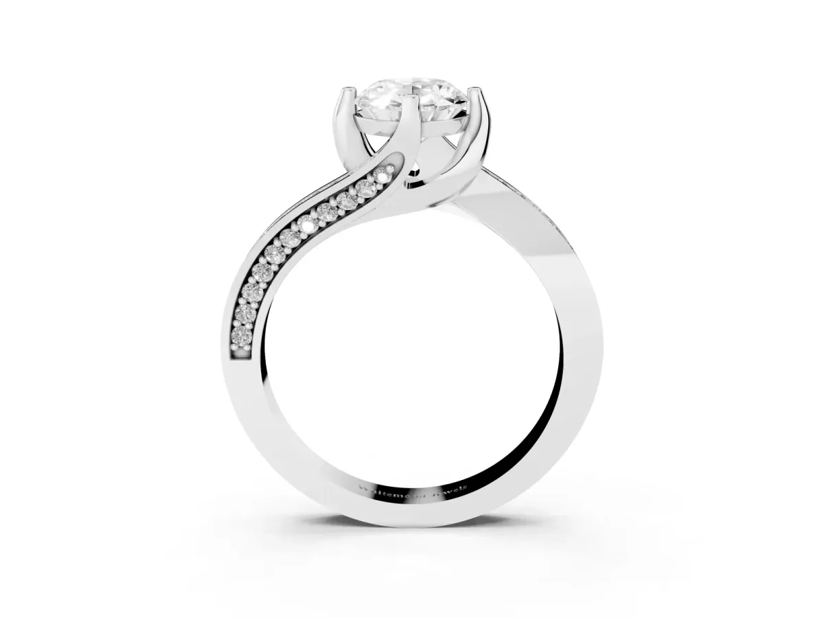 Oval Cut Solitaire Diamond Twist Band with Pavé Setting and Four-Prong Setting Silver