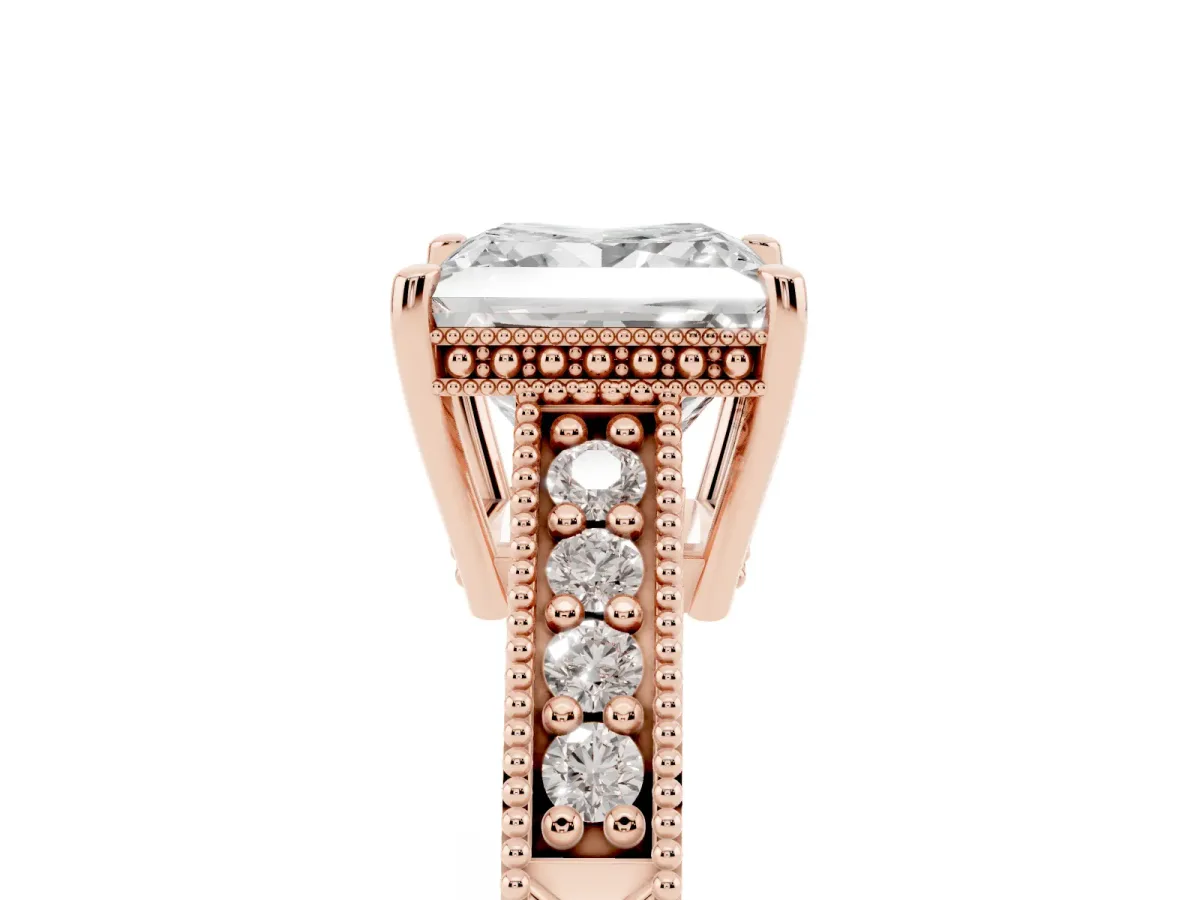 Princess Cut Solitaire Pavé Diamond Milgrain Engagement Ring with Four-Prong Setting Rose gold