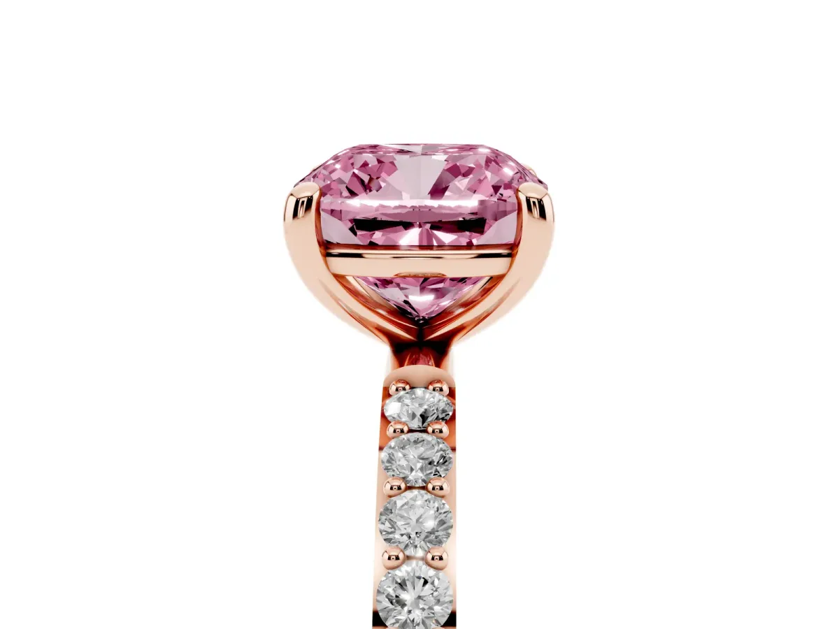 Fancy Pink Cushion Cut Diamond Solitaire Ring with Round Pavé Band and Prong Setting Rose gold