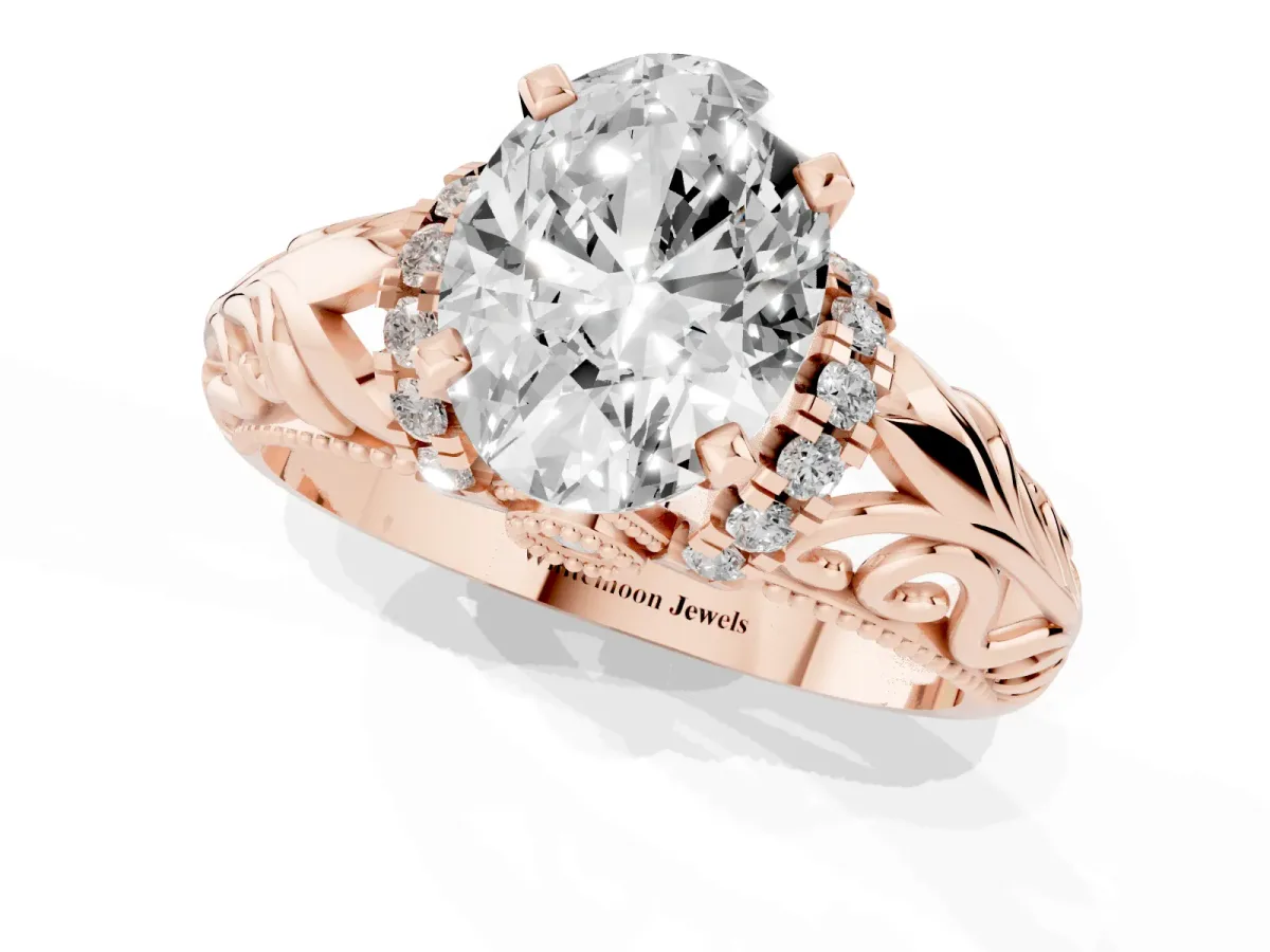 Oval Cut Solitaire Filigree Engagement Ring with Halo and Prong Setting Rose gold