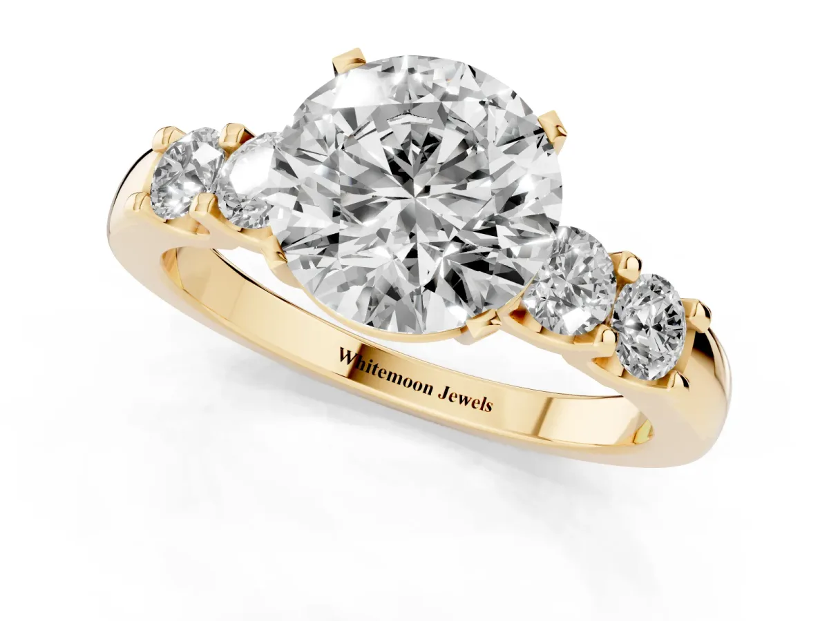 Round Cut Brilliant Cut Diamond Five-Stone Prong Set Engagement Ring with Channel Band Yellow gold