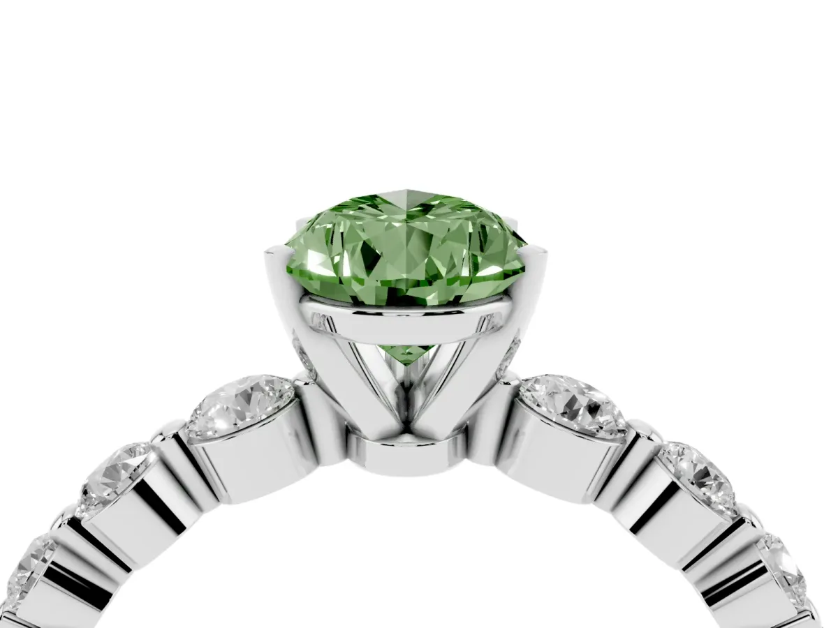 Fancy Green Pear Cut Solitaire Diamond Ring with Pave Band and Four-Prong Setting Silver