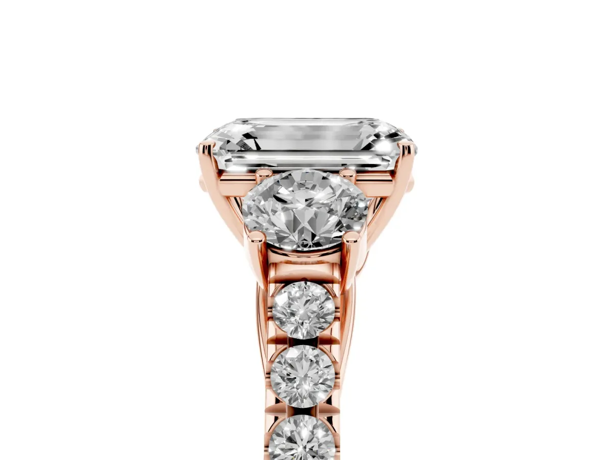 Emerald Cut Cut Diamond Three-Stone Ring with Round Side Stones and Pavé Band Rose gold