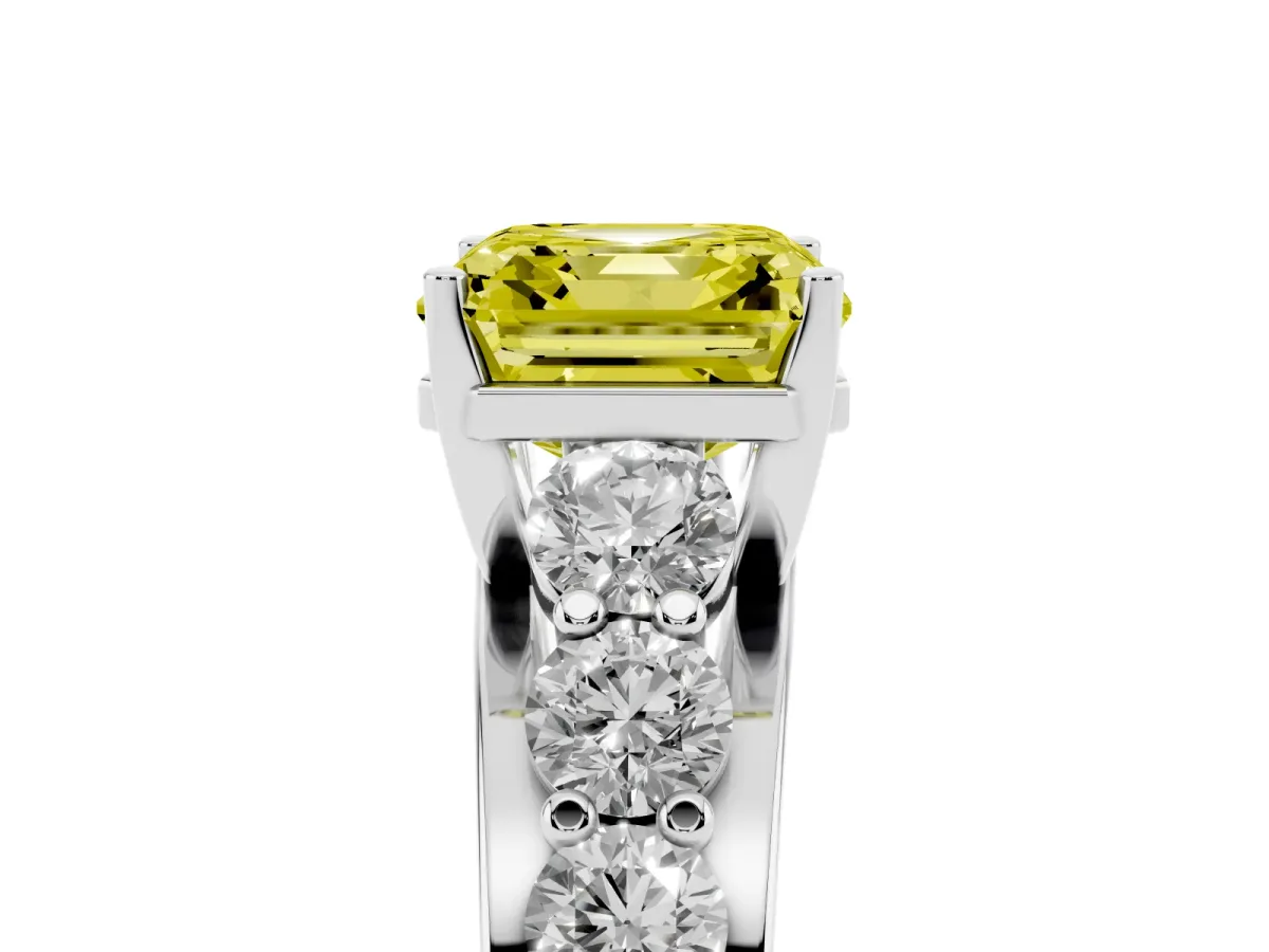 Fancy Yellow Asscher Cut Diamond Engagement Ring with Pavé Band and Four-Prong Setting Silver