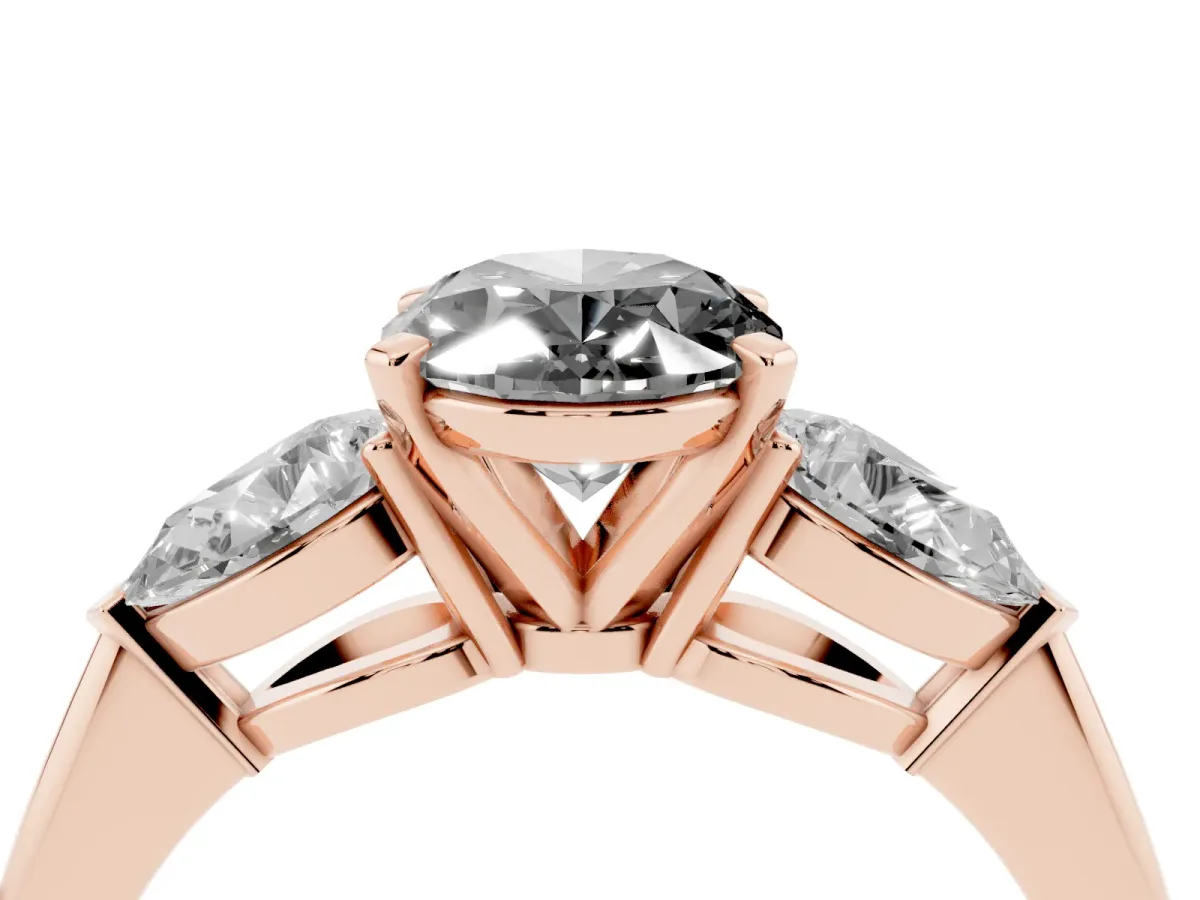 Fancy Black Three-Stone Oval Cut Diamond Ring with Pear Side Stones and Four-Prong Setting Rose gold
