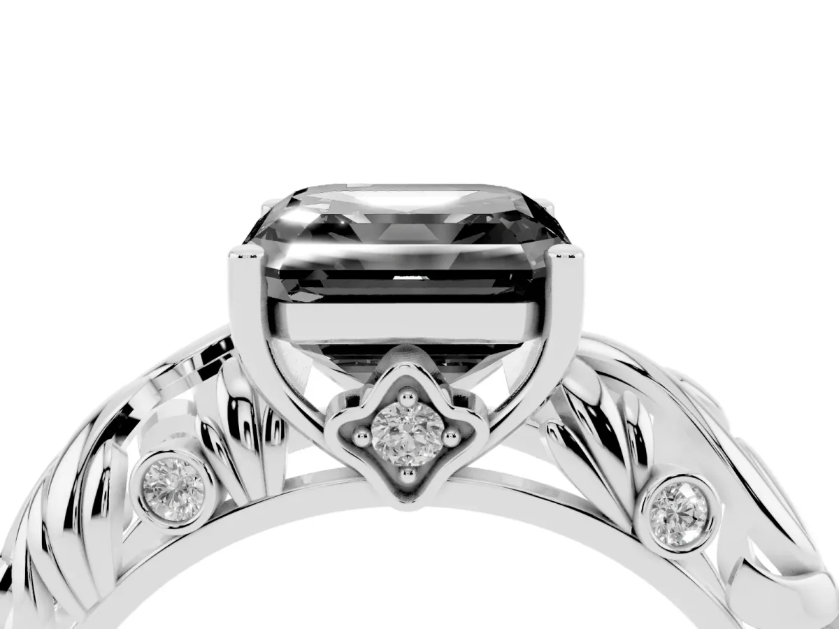 Fancy Black Asscher Cut Solitaire Diamond Leaf-Inspired Vine Band Ring with Prong Setting Silver