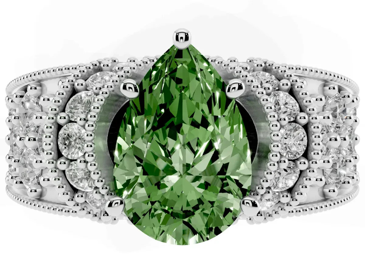 Fancy Green Pear Cut Halo Pave Diamond Engagement Ring with Milgrain Detailing Silver