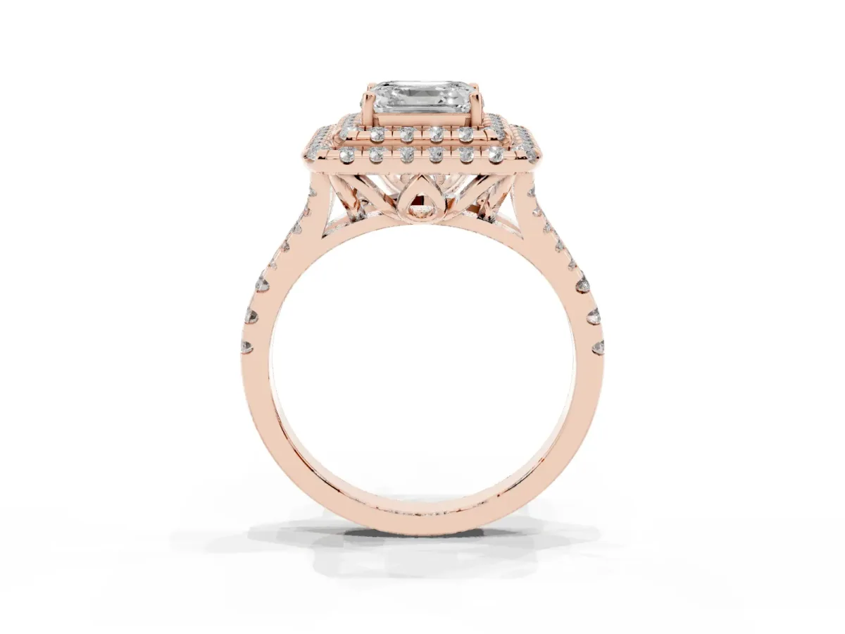 Double Halo Asscher Cut Diamond Pavé Split Shank Ring with Prong Setting Rose gold