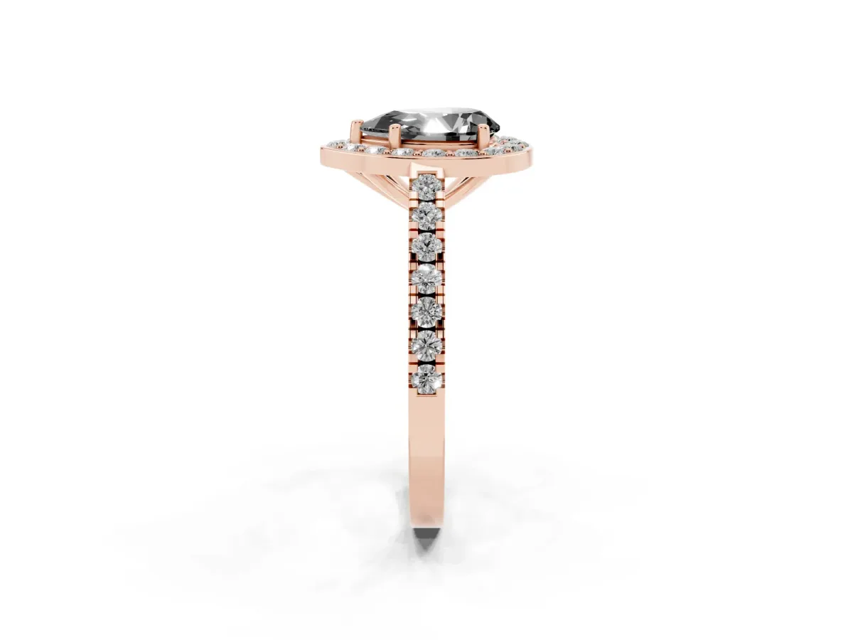 Fancy Black Pear Cut Diamond Halo Ring with Round Pavé Split Shank and Prong Setting Rose gold