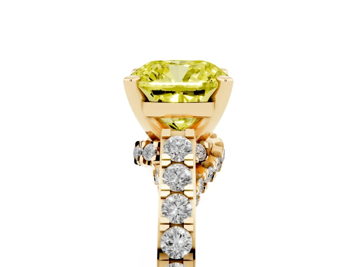 Fancy Yellow Cushion Cut Diamond Solitaire Ring with Crossover Gallery and Round Pavé Band Yellow gold