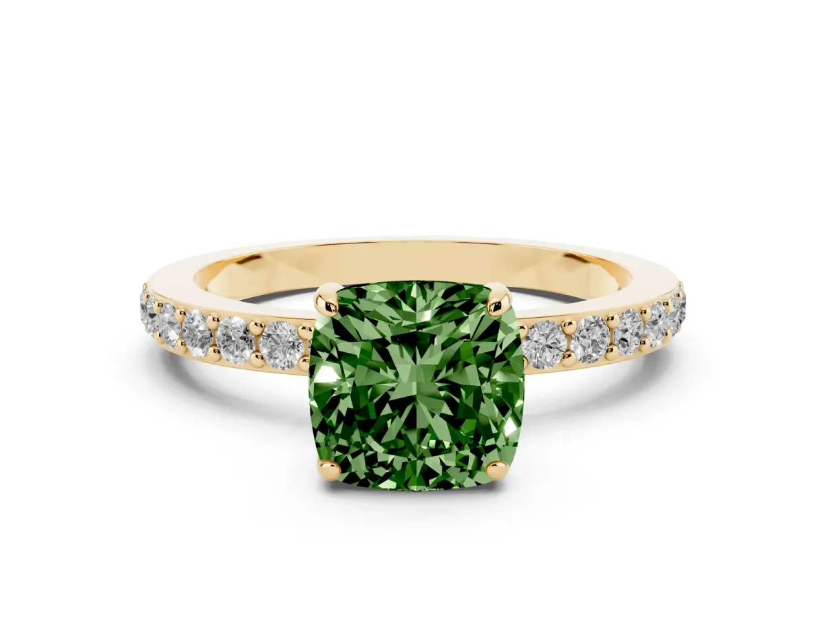 Fancy Green Cushion Cut Diamond Solitaire Engagement Ring with Pavé Band and Four-Prong Setting Yellow gold