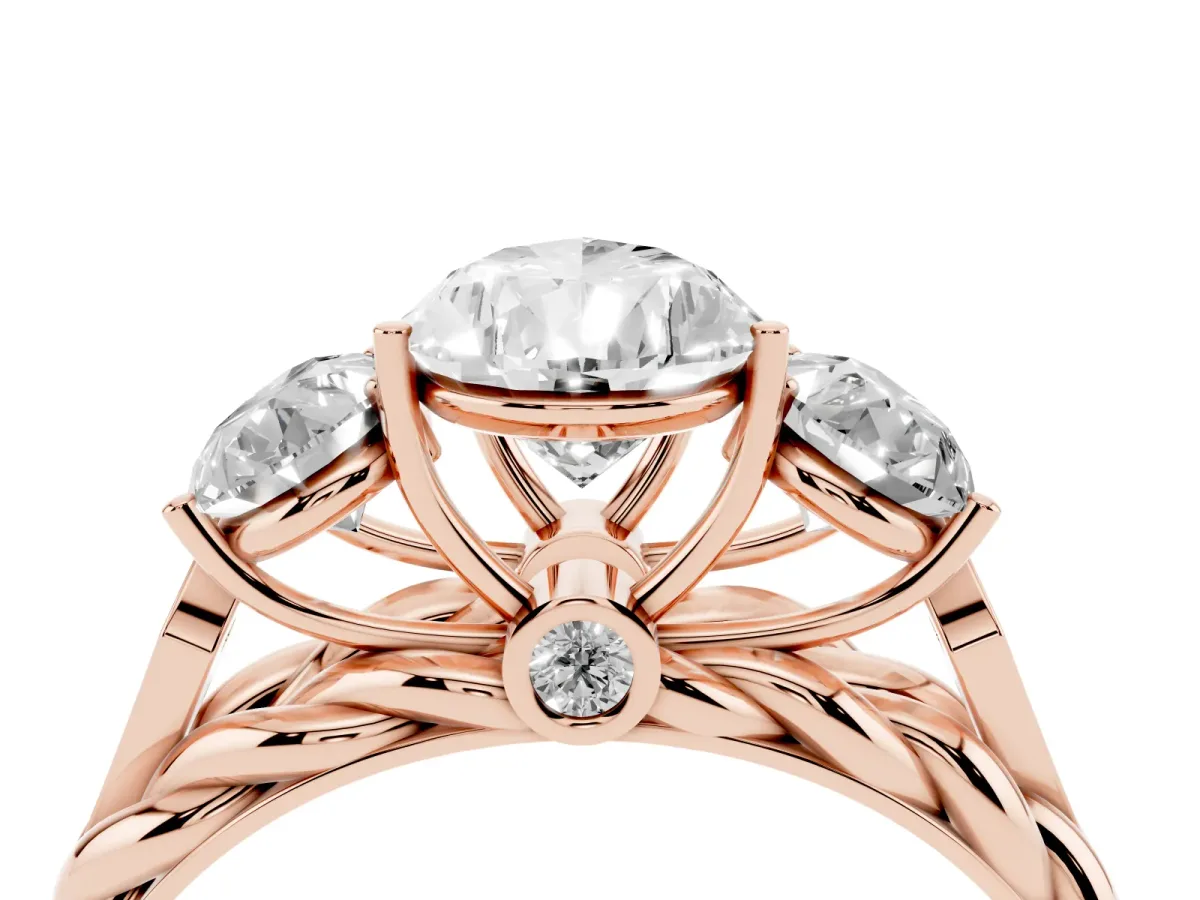 Three-Stone Pear Cut Diamond Braided Band Ring with Four-Prong Setting Rose gold