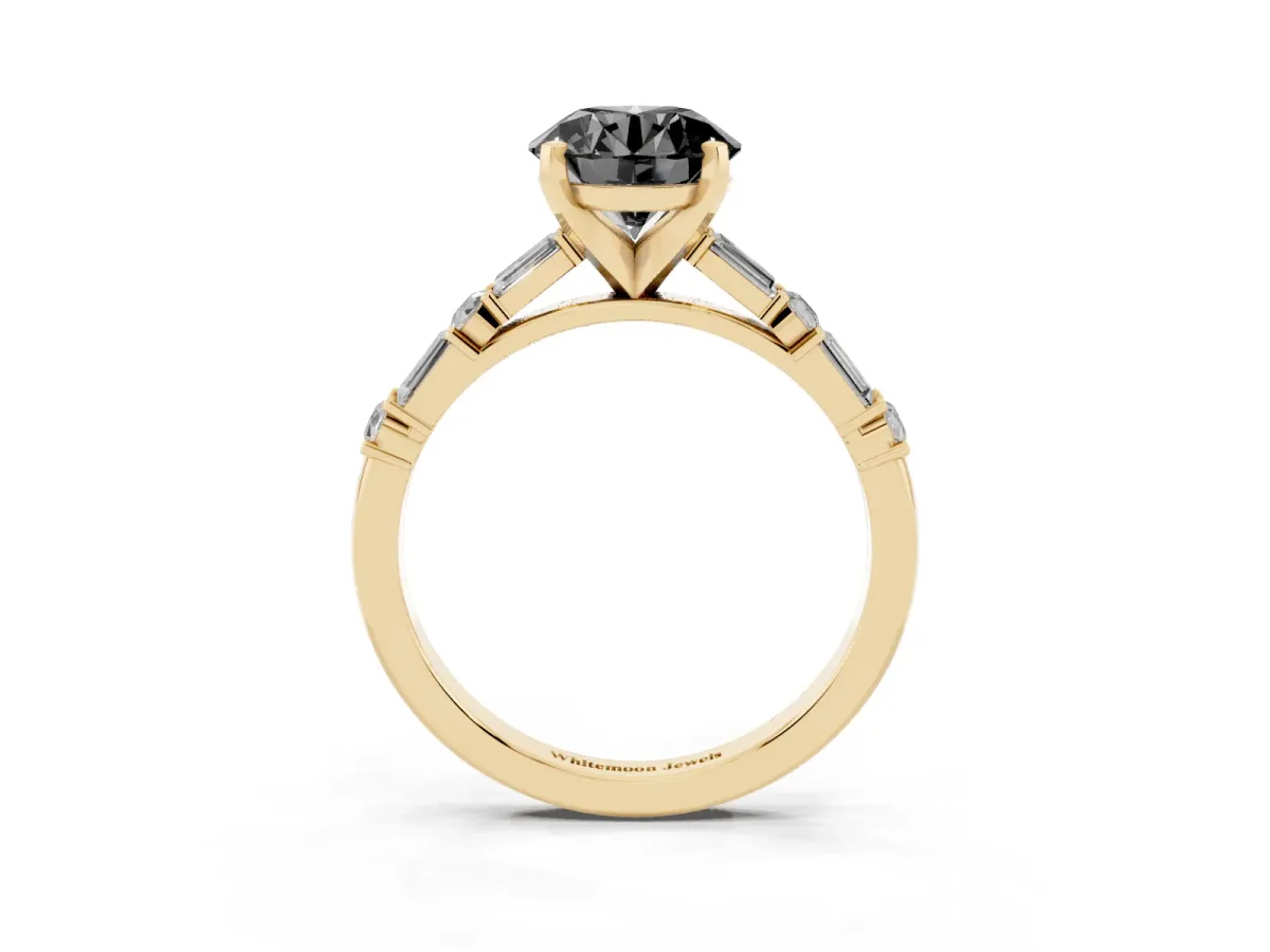 Fancy Black Round Cut Diamond Solitaire with Side Baguettes and Channel Set Band Yellow gold