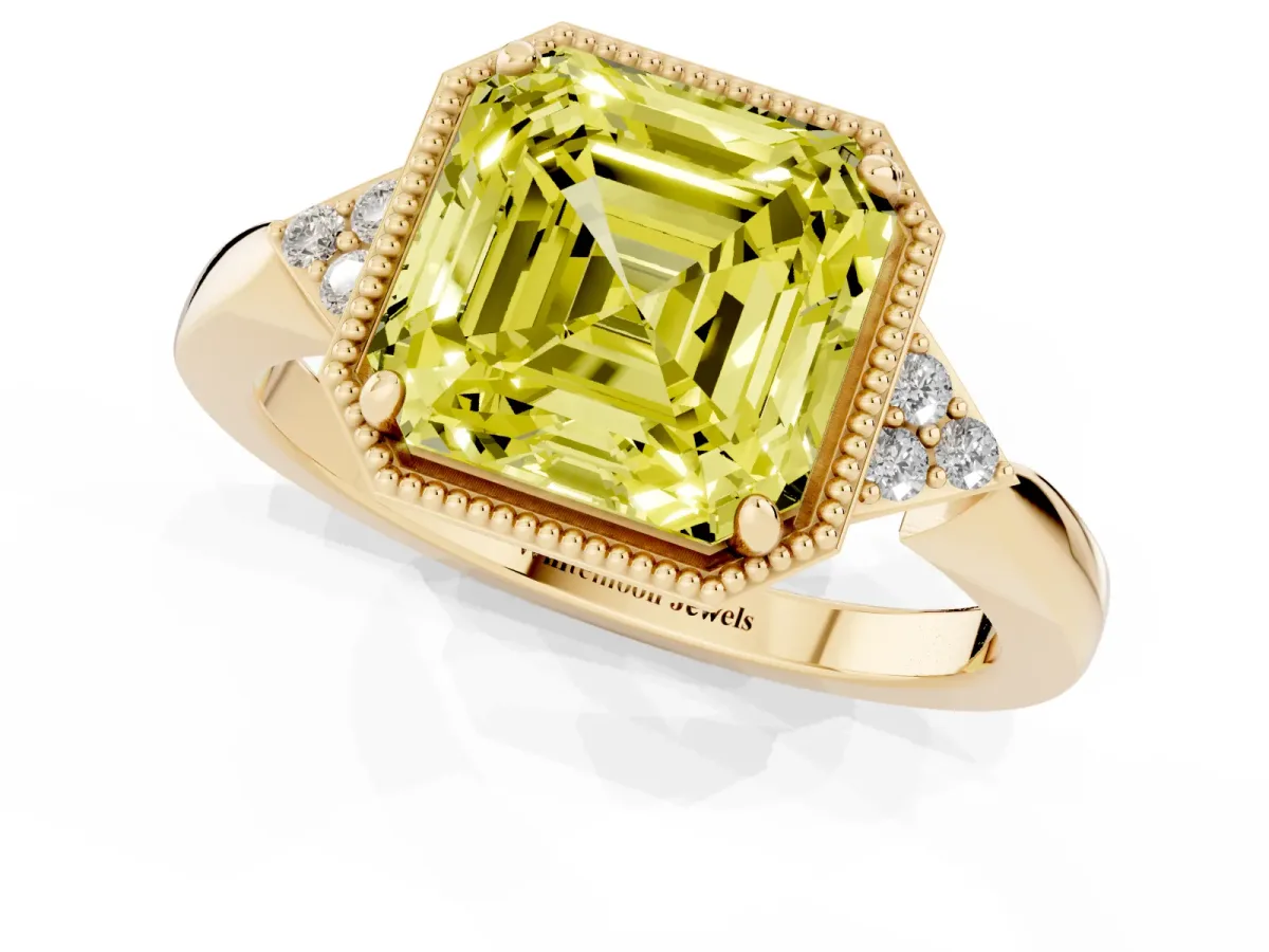 Fancy Yellow Asscher Cut Diamond Halo Ring with Tapered Band and Four-Prong Setting Yellow gold