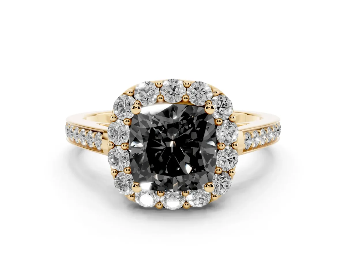 Fancy Black Cushion Cut Diamond Floral Halo Ring with Pavé Band and Prong Setting Yellow gold