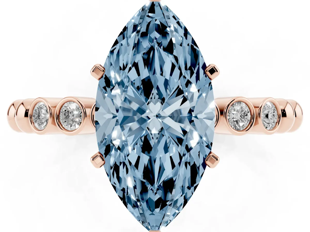 Fancy Blue Marquise Cut Solitaire Bezel Accent Diamond Engagement Ring with Beaded Band and Four-Prong Setting Rose gold