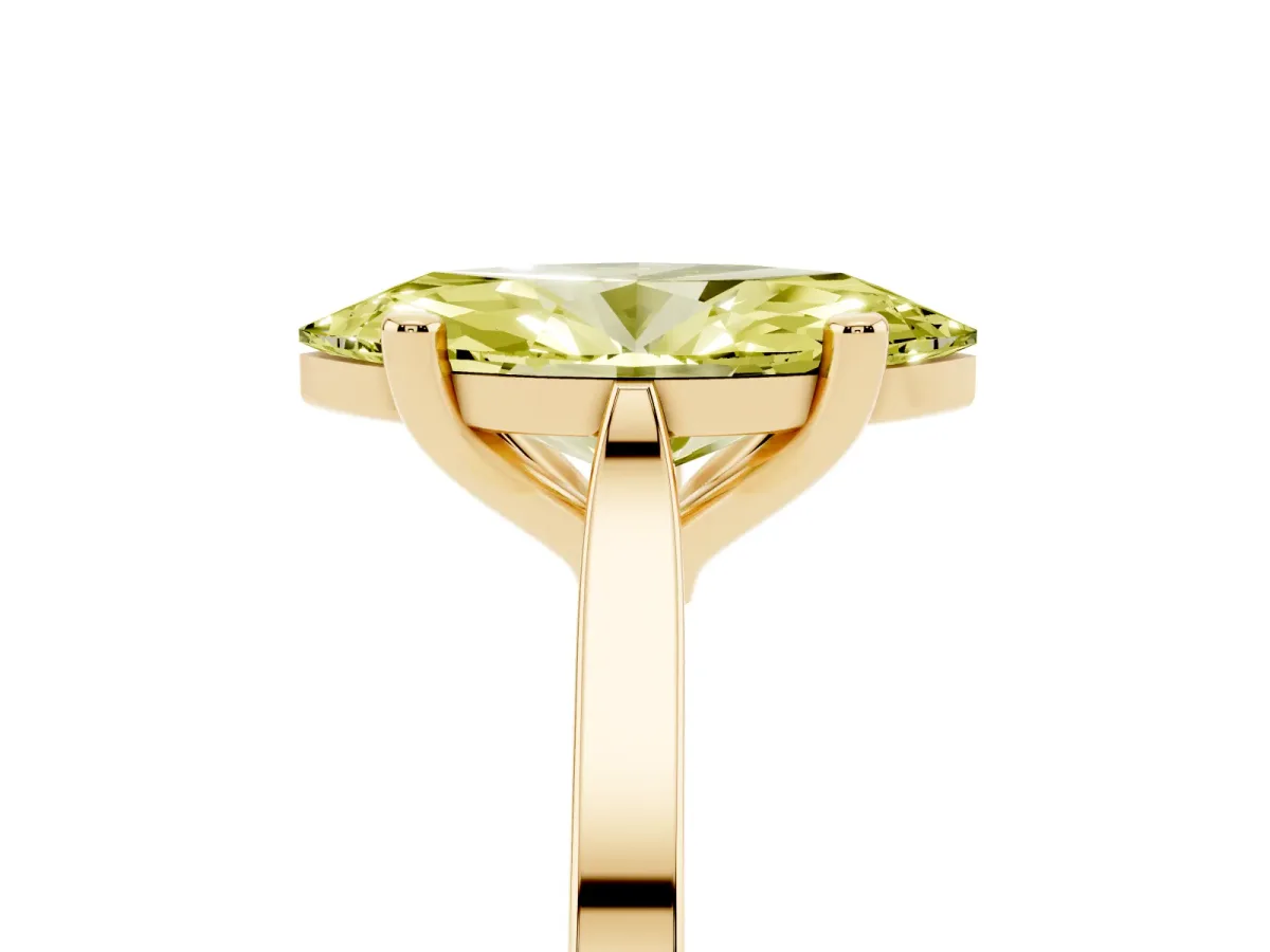 Fancy Yellow Marquise Cut Solitaire Diamond Ring with Four-Prong Setting and Tapered Band Yellow gold