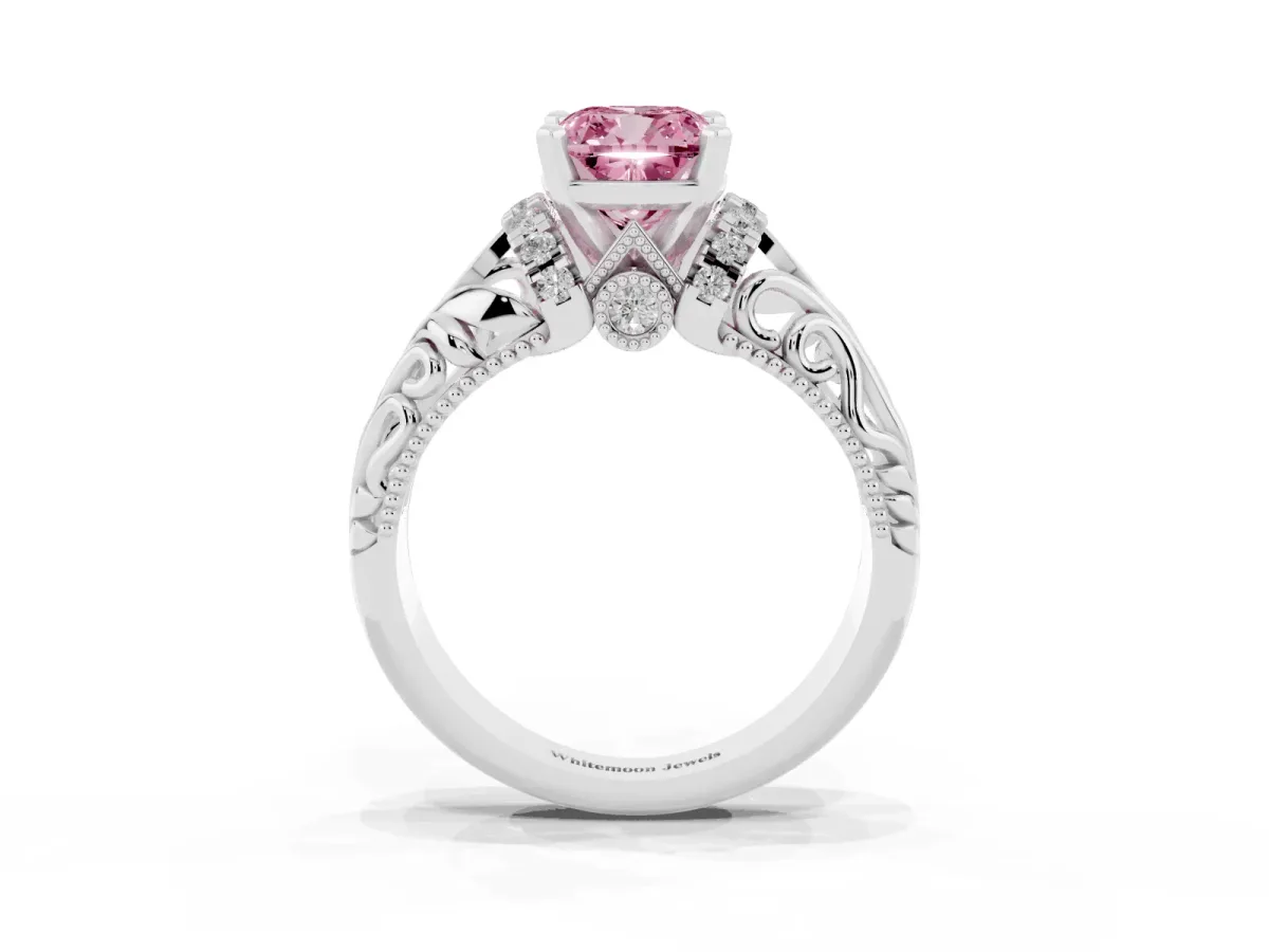 Fancy Pink Cushion Cut Solitaire Filigree Engagement Ring with Halo and Prong Setting Silver