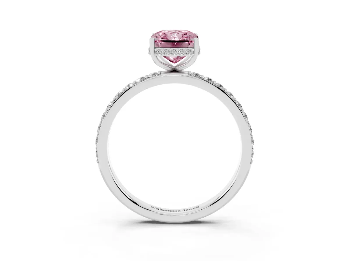 Fancy Pink Radiant Cut Diamond Solitaire Ring with Pavé Band and Hidden Halo Silver