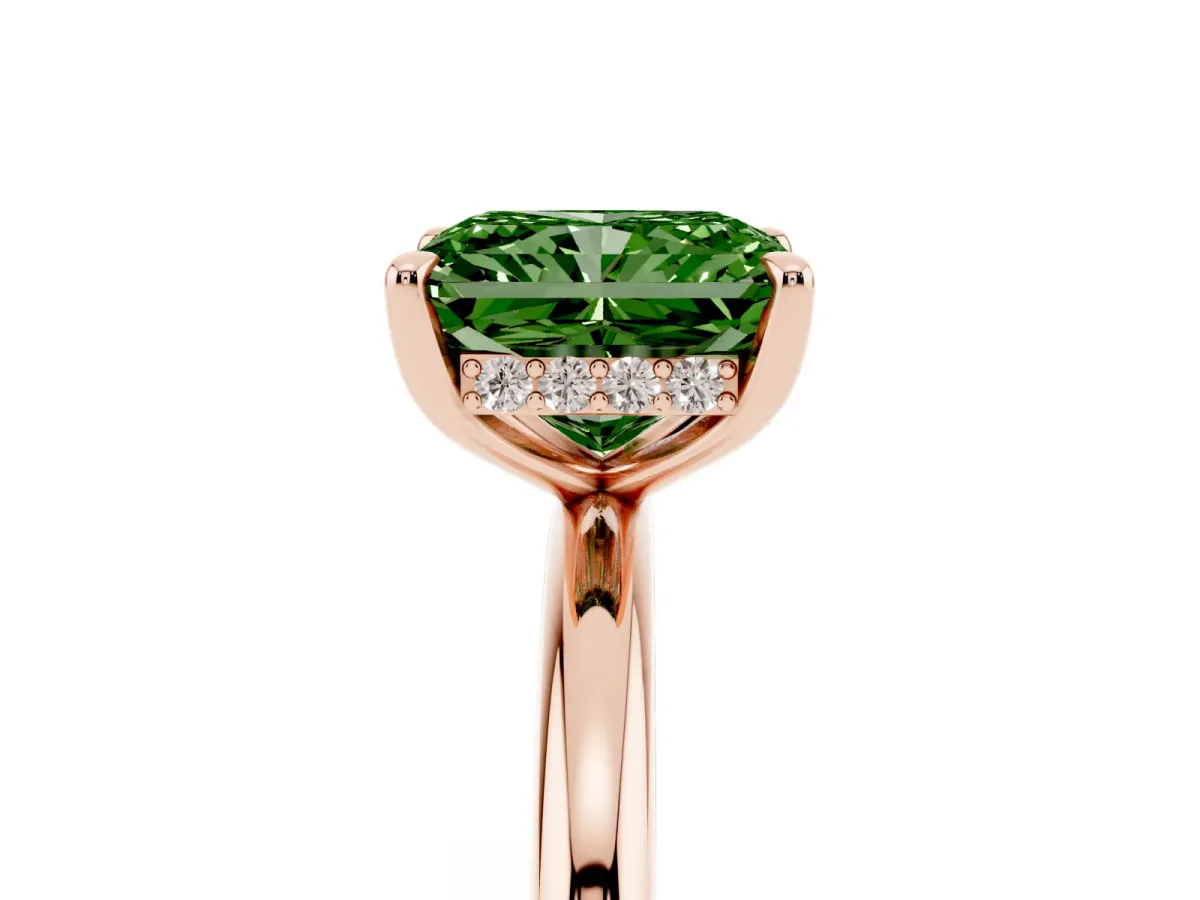 Fancy Green Radiant Cut Diamond Solitaire Ring with Thin Band and Four-Prong Setting Rose gold