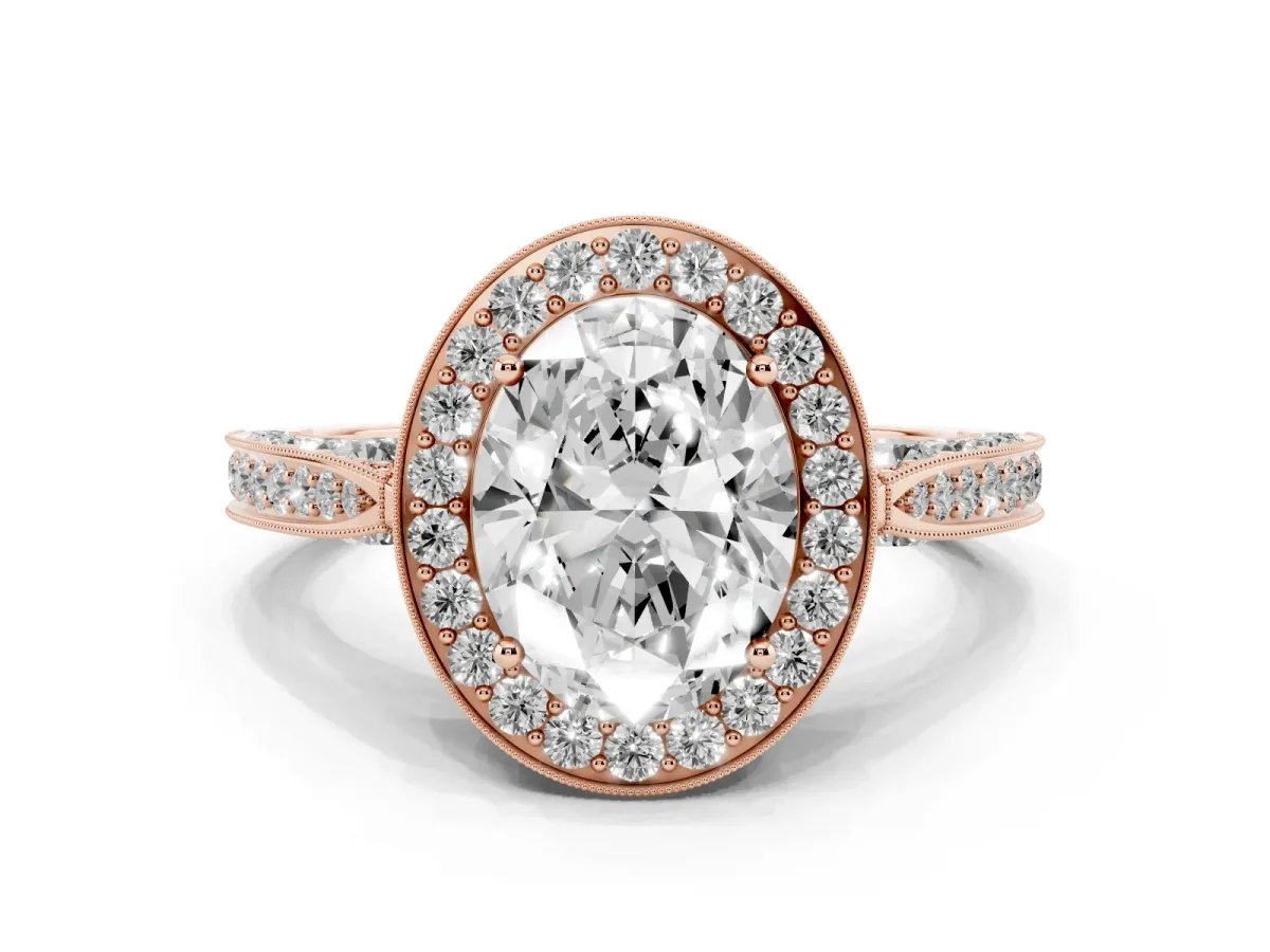Oval Cut Halo Diamond Engagement Ring with Split Shank Band and Four-Prong Setting Rose gold