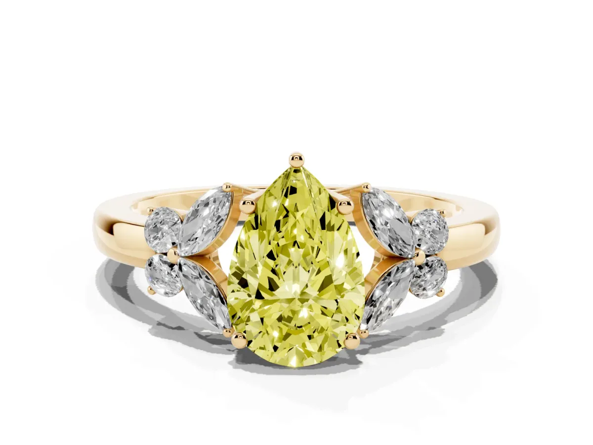 Fancy Yellow Pear Cut Cut Solitaire Floral Diamond Ring with Four-Prong Setting Yellow gold